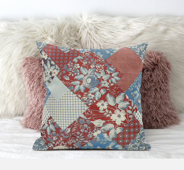 16" Aqua Red Floral Zippered Suede Throw Pillow