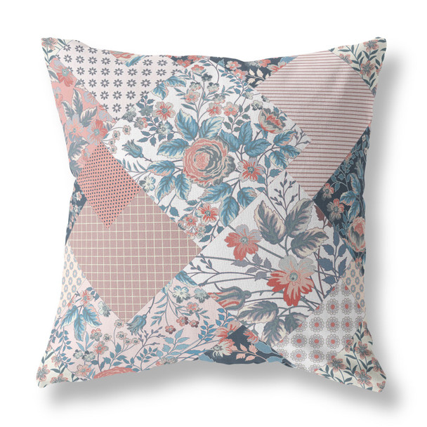 20" Pink Blue Boho Floral Indoor Outdoor Throw Pillow