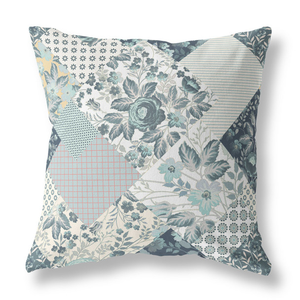 20" Teal White Boho Floral Indoor Outdoor Throw Pillow