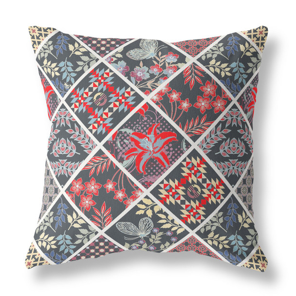 26 Black Red Patch Indoor Outdoor Throw Pillow