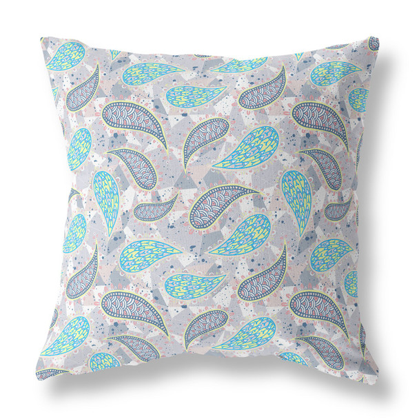 26 Gray Green Boho Paisley Indoor Outdoor Throw Pillow