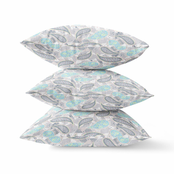 16 Gray Turquoise Boho Paisley Indoor Outdoor Throw Pillow