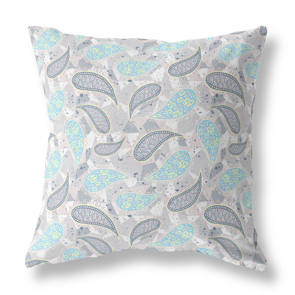 20 Gray Turquoise Boho Paisley Indoor Outdoor Throw Pillow