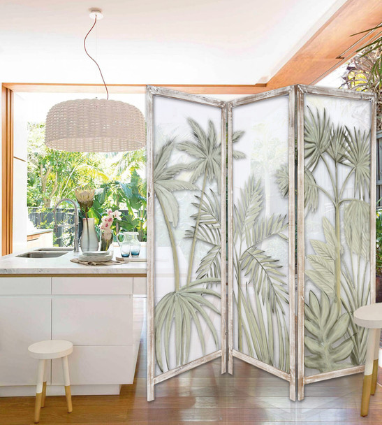 Earthy Opaque Palms Three Panel Room Divider Screen