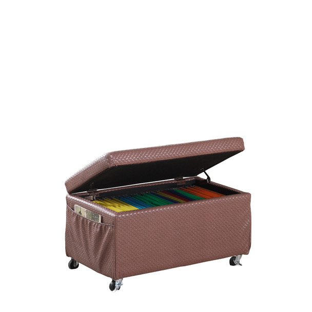 Brown Weave Faux Leather Rolling Storage Ottoman with Pockets