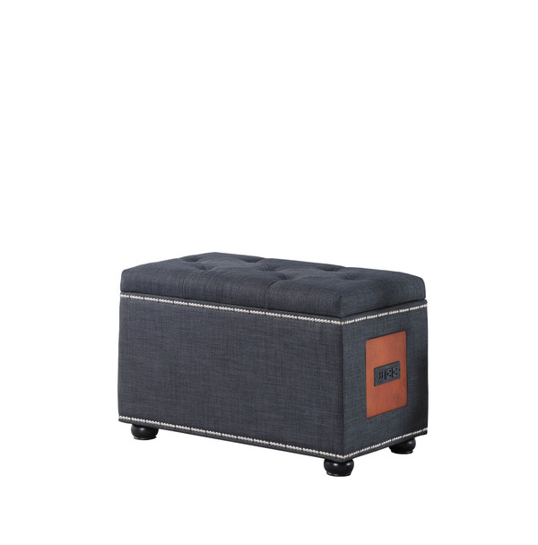 Charcoal Gray Tufted Storage Ottoman with Charging Station