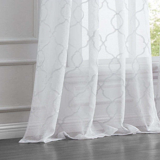84 White Trellis Pattern Embroidered Window Curtain Panel