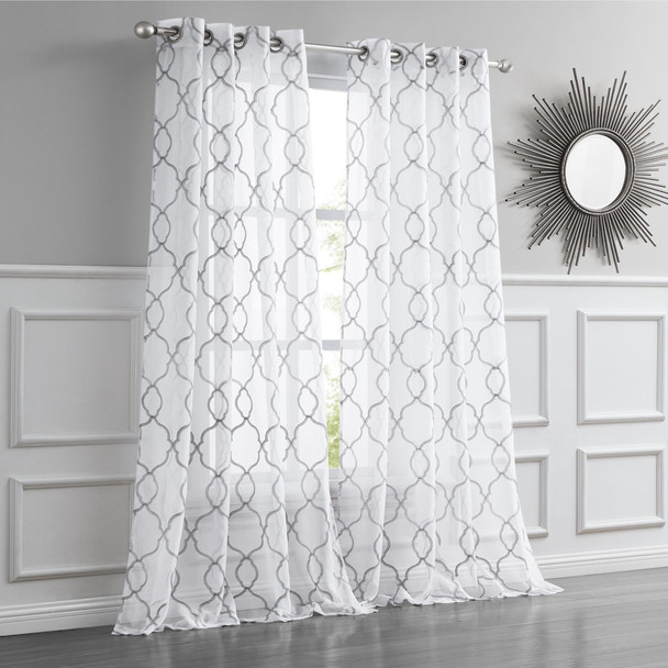 84 Silver Trellis Pattern Embroidered Window Curtain Panel