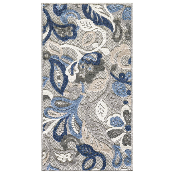 7 x 9 Blue Gray Jacobean Floral Indoor Outdoor Area Rug