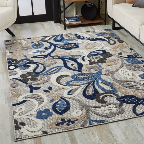 7 x 9 Blue Gray Jacobean Floral Indoor Outdoor Area Rug