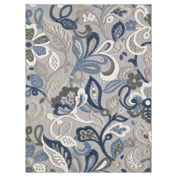 8 Round Blue Gray Jacobean Floral Indoor Outdoor Area Rug