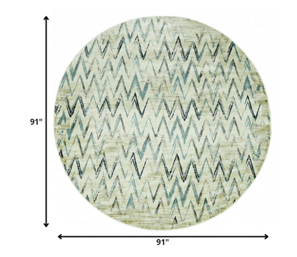 8 Round Beige Blue Distressed Chevron Area Rug