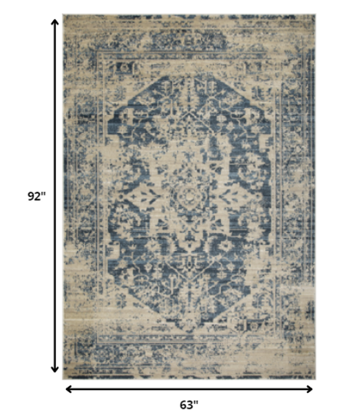 5 x 8 Beige Blue Distressed Medallion Area Rug