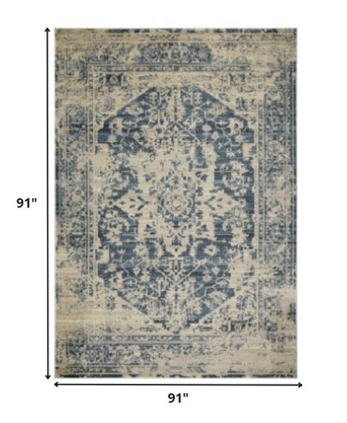 8 Round Beige Blue Distressed Medallion Area Rug