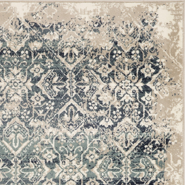 2 x 8 Beige Blue Distressed Diamonds Runner Rug