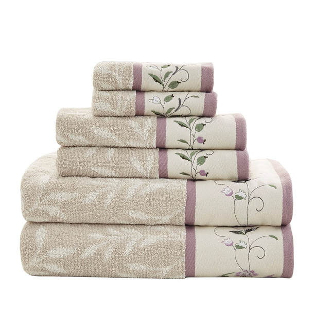 6pc Purple Embroidered Cotton Jacquard Towel Set Medium Weight (Serene - Purple - Towel)