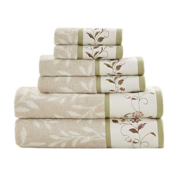 6pc Green Embroidered Cotton Jacquard Towel Set Medium Weight (Serene - Green - Towel)