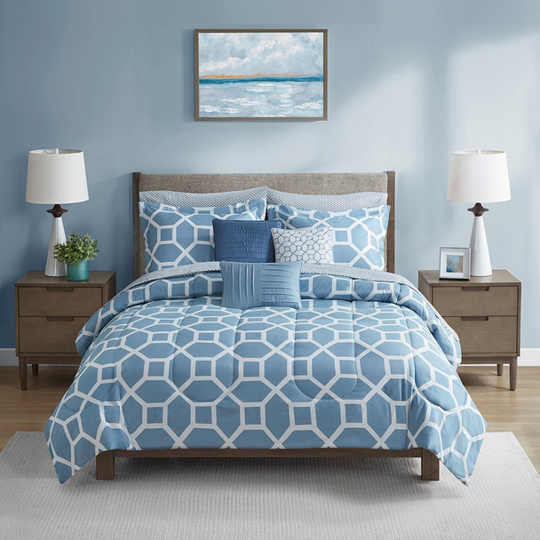 10pc Blue & White Geometric Comforter Set w/Matching Sheet Set (Nora-Blue-comf)
