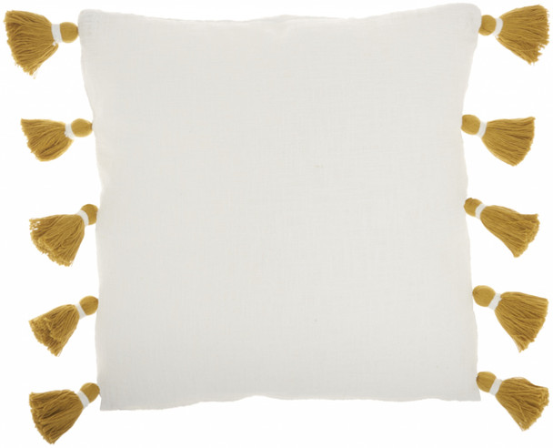 Bohemian White Cotton Accent Pillow with Mustard Tassel Details