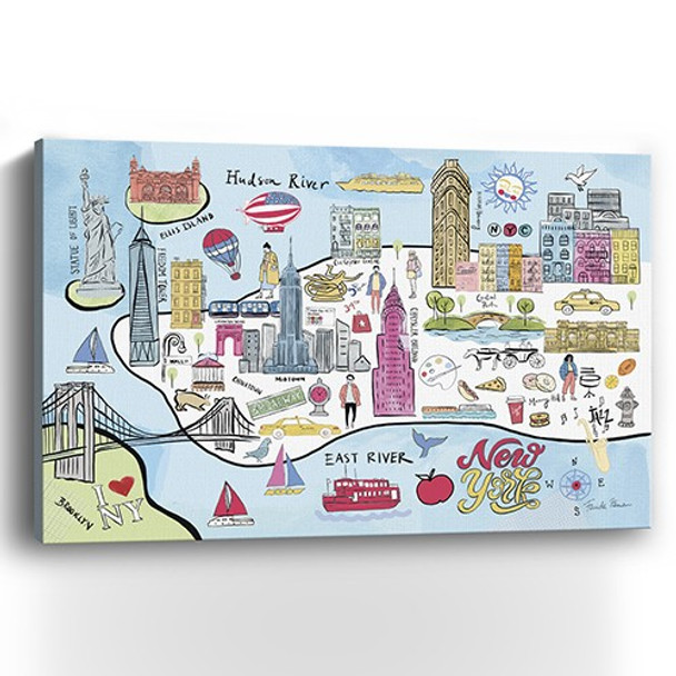 36" Fun Illustrated NYC Map Canvas Wall Art