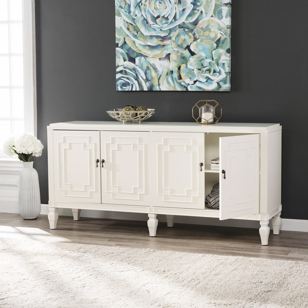 Antiqued White Geometric Lines Low Accent Cabinet Buffet