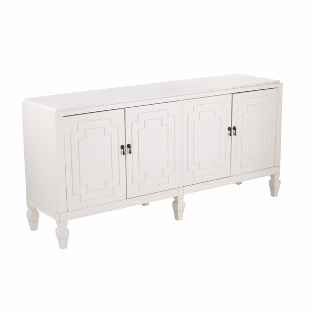 Antiqued White Geometric Lines Low Accent Cabinet Buffet