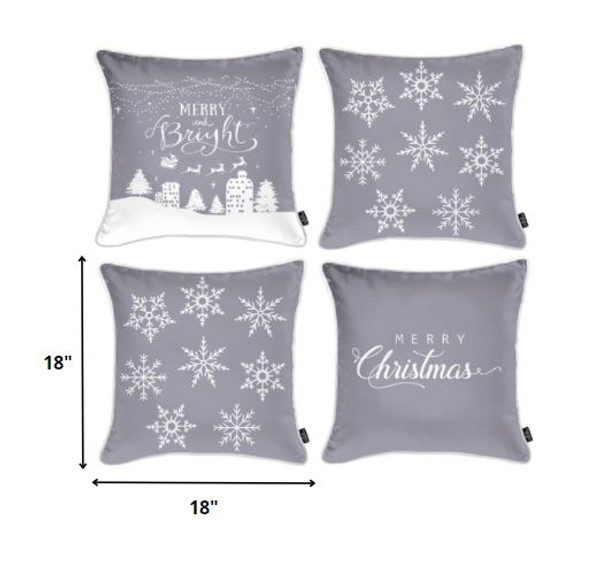 Set of Four Gray Merry Bright Christmas Throw Pillows