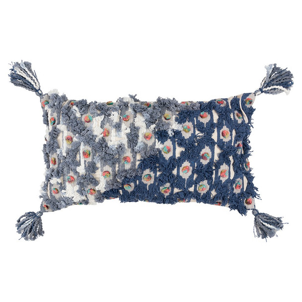Blue Gray Diagonal Tufted Tassel Lumbar Pillow