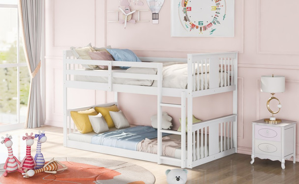 White Classic Twin Over Twin Bunk Bed with Ladder