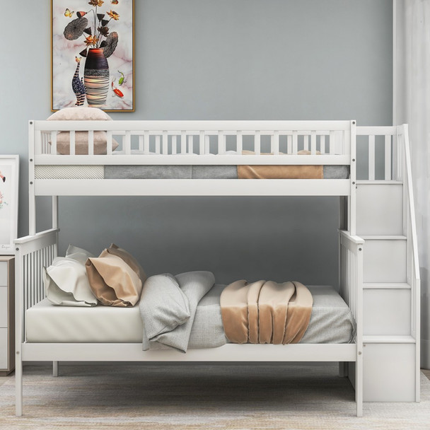 White Twin Over Full Farmhouse Style Bunk Bed with Staircase