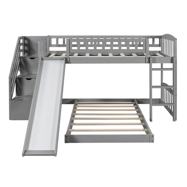 Gray Twin Over Twin Perpendicular Bunk Bed with Storage Stairs and Slide