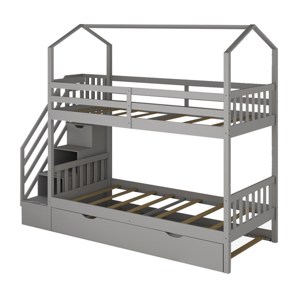 Gray Twin Over Twin Playhouse Bunk Bed with Trundle and Staircase