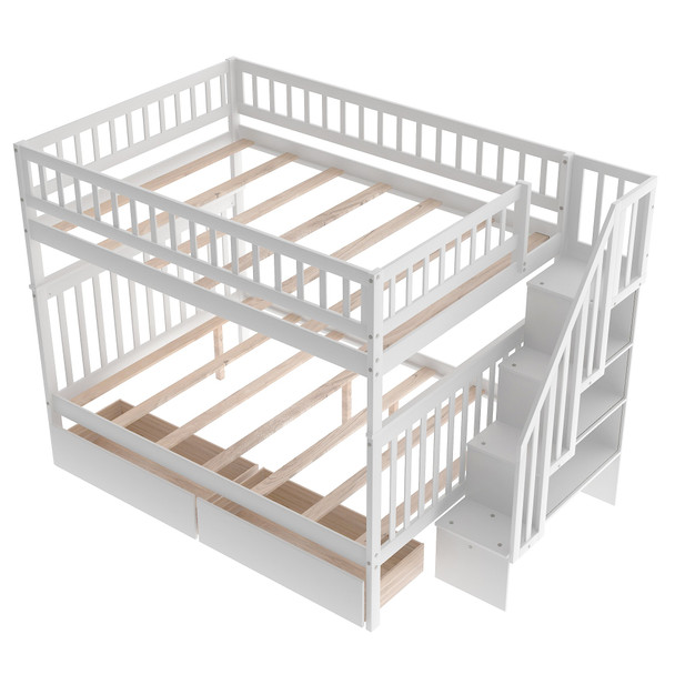 White Full Over Full Farmhouse Style Bunk Bed with Storage Staircase