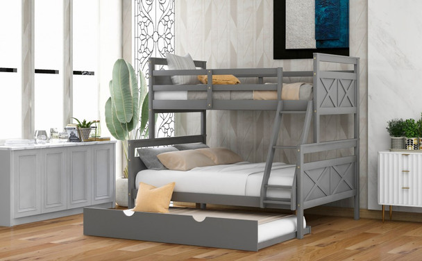 Gray Twin Over Full Size Bunk Bed with Trundle