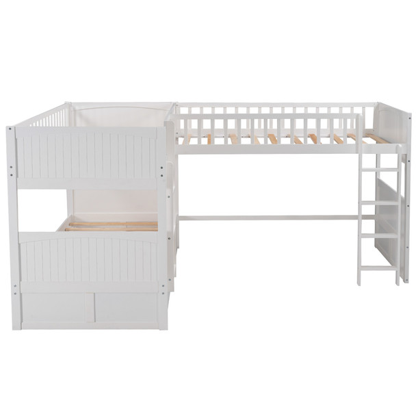 White Twin Size Bunk Bed with attached Loft Bed and Drawers