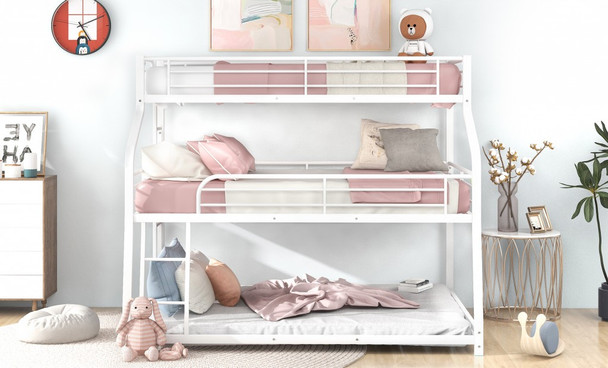 White Twin XL over Full XL over Queen Size Bunk Bed