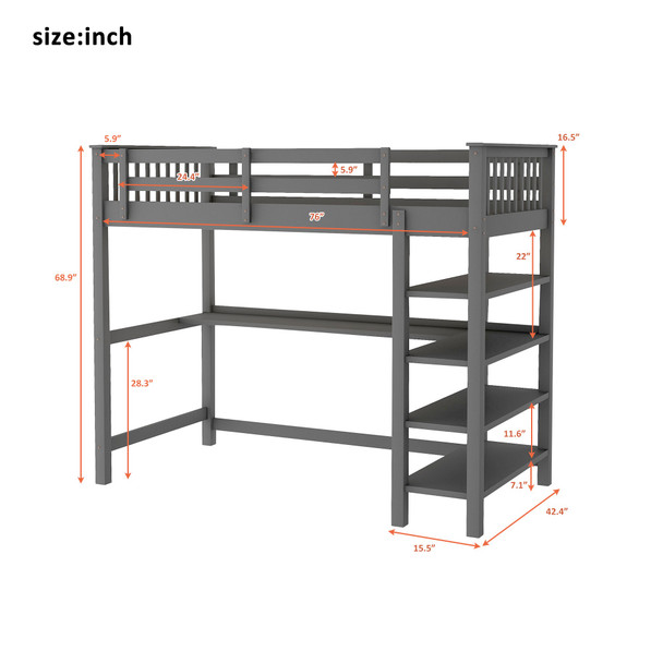 Gray Twin Size Wood Loft Bed with Storage Shelves and Desk