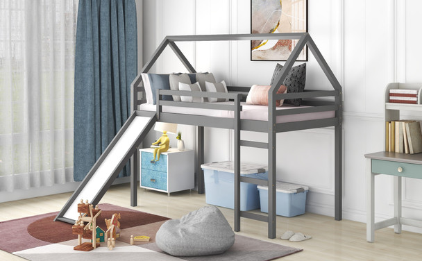 Gray Twin Size Slide House Loft Bed