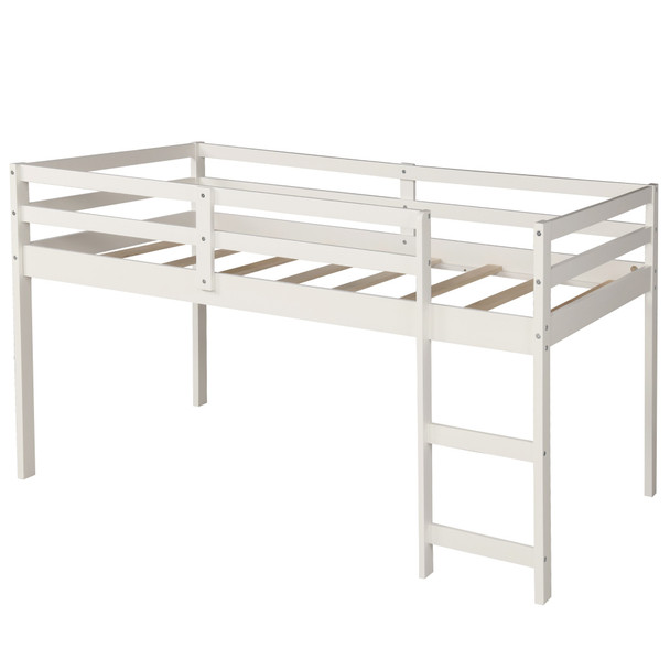 White Low Twin Loft Bed With Cabinet and Desk