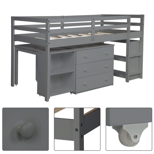 Gray Low Twin Loft Bed With Cabinet and Desk