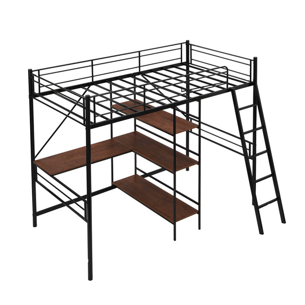 Black Twin Size Metal Loft Bed With Desk and Shelves