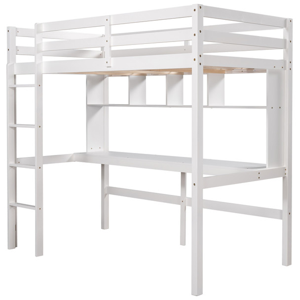 Minimalist White Twin Size Loft Bed with Built In Desk and Shelf