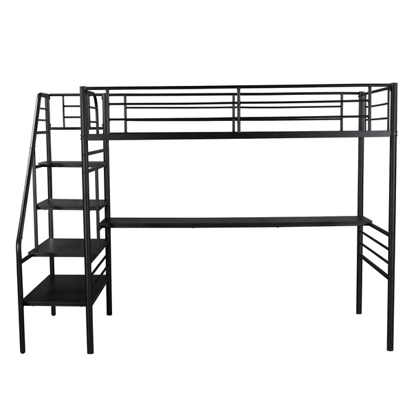 Mod Black Twin Size Metal Loft Bed with Desk and Stairs