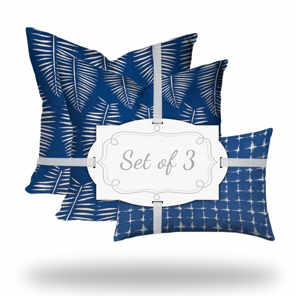 Set of 3 Blue Leaf Indoor Outdoor Sewn Pillows