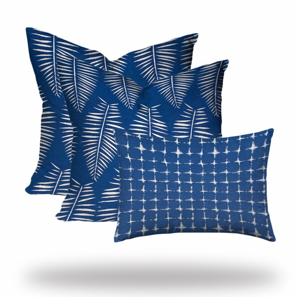 Set of 3 Blue Leaf Indoor Outdoor Zippered Pillows