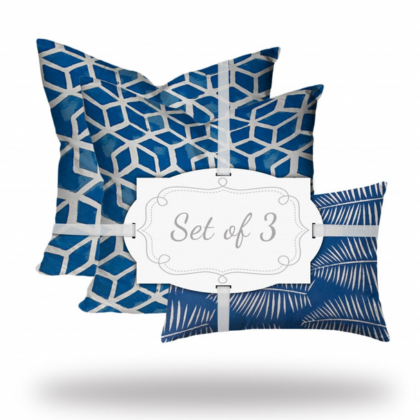 Set of 3 Blue Cubic Indoor Outdoor Sewn Pillows