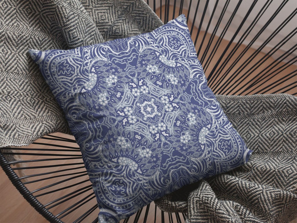 18 Indigo White Boho Ornate Zippered Suede Throw Pillow