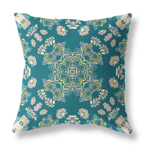 16 Teal Yellow Wreath Indoor Outdoor Zippered Throw Pillow