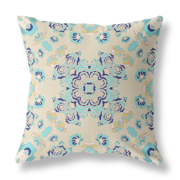 20 Blue Beige Wreath Indoor Outdoor Zippered Throw Pillow