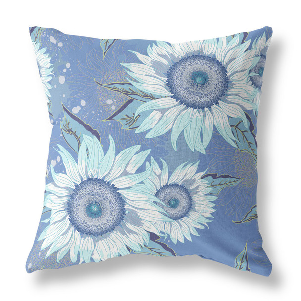 16" Blue White Sunflower Indoor Outdoor Zippered Throw Pillow